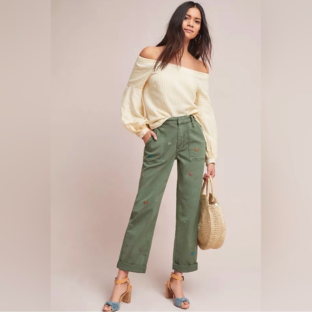 Anthropologie Floral Embroidered Utility Boyfriend Pants